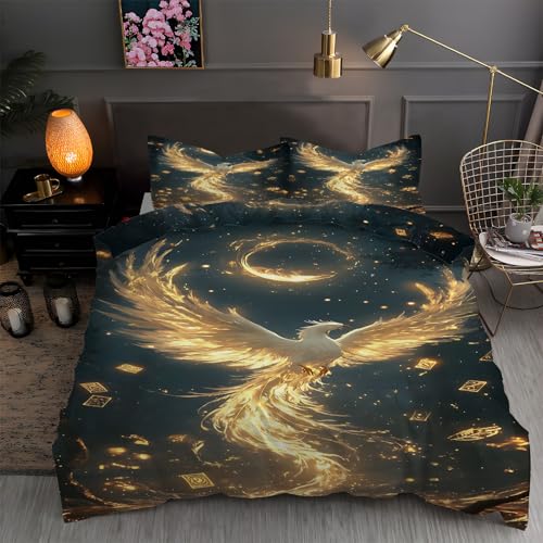 布団カバー クイーン 鳳凰|マイクロファイバー 掛け布団カバー 210x210 +枕カバー 2枚 3点セット|吸汗速乾・防静電気・洗濯耐久|肌ざわり最高 神獣 なプリントデザイン ZP713