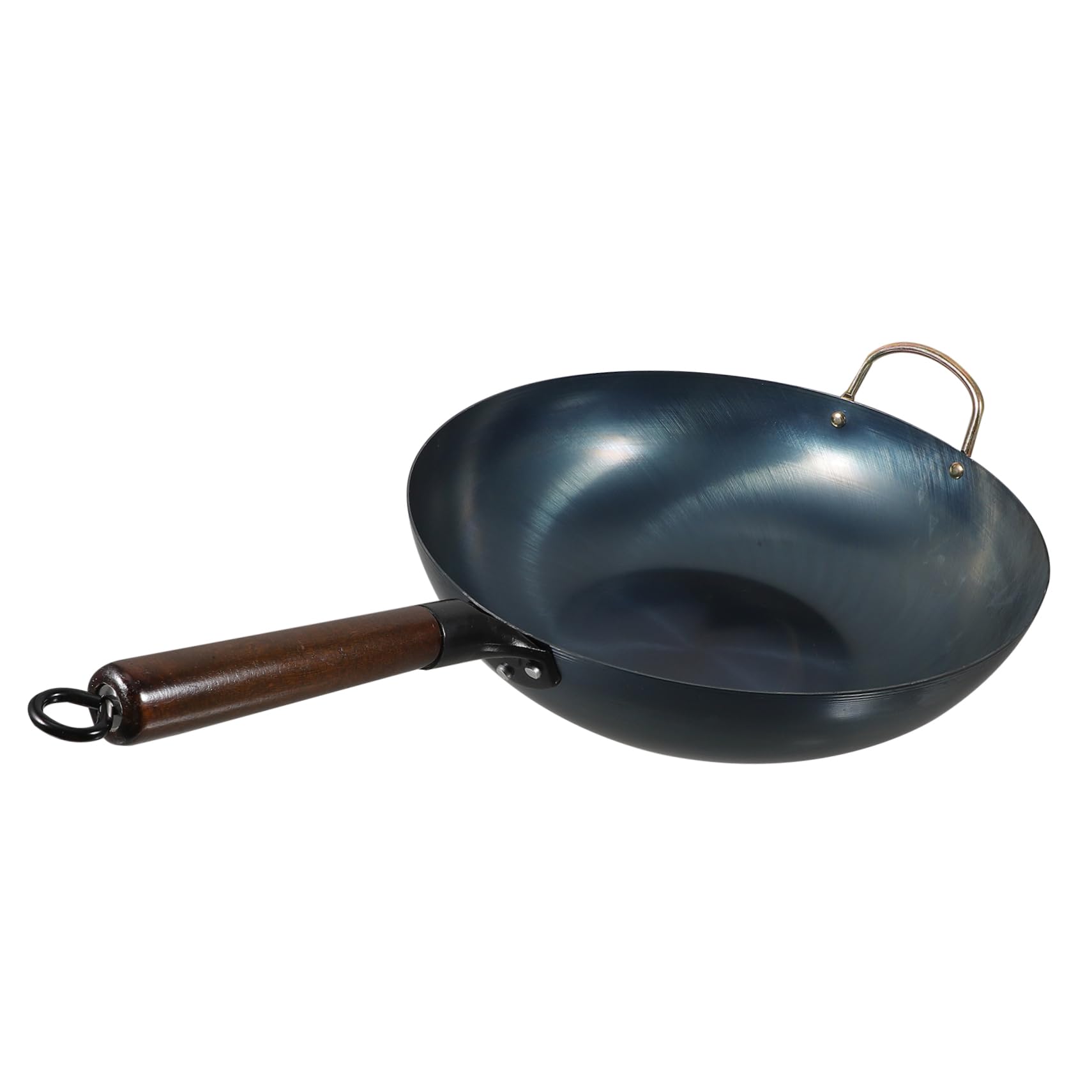 Ciieeo Sartén Wok Chino de Hierro Fondo Plano y Mango de Madera, Superficie Lisa Multifuncional Adecuado para Barbacoa y Cocina Tradicional