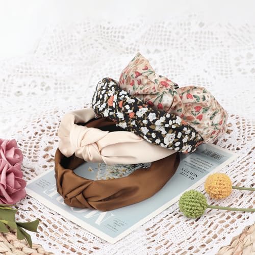 Image of DRESHOW Headbands for Women and Girls Flower Printed Knotted Plastic Head Band Fashion Boho Wide Hairbands Non Slip Hair Accessories 4 Pcs