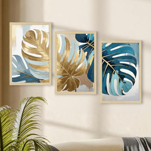 Image of ArtX Paper Leaf Paintings For Wall Decoration, Home Decor Wall Art, Hotel Wall Painting for Living Room, Multicolor, Natural Wood Color Frames, 12x18 inch, Set of 3