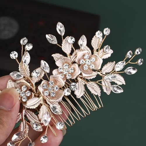 Adorno de cabello nupcial con diseño de hoja de cristal dorado miniatura 3