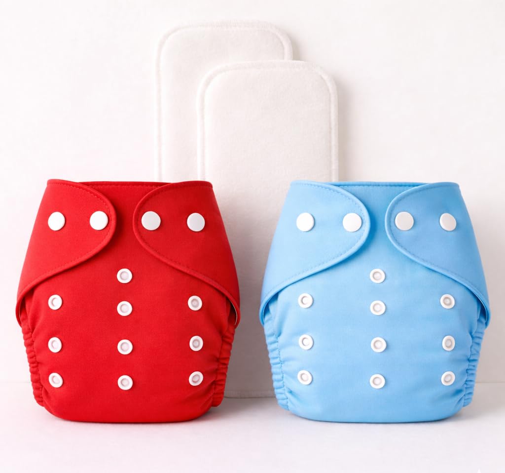 Reusable Cloth Baby Diapers | Soft Washable Cotton Nappies For Daily Care | Adjustable Fit Design | Reusable Diaper Set For Home Nursery Travel Use (Red/Sky Blue)-image-28