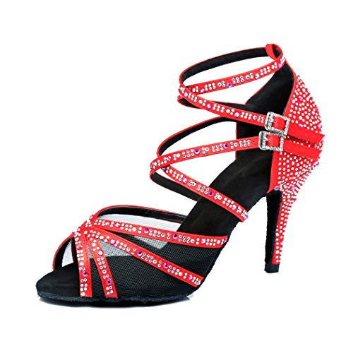 MGM-Joymod Women's Flared Heel Cross Strap Mesh Satin Studded Rhinestones Salsa Tango Ballroom Latin Modern Wedding Dance Shoes/Red 9 M US
