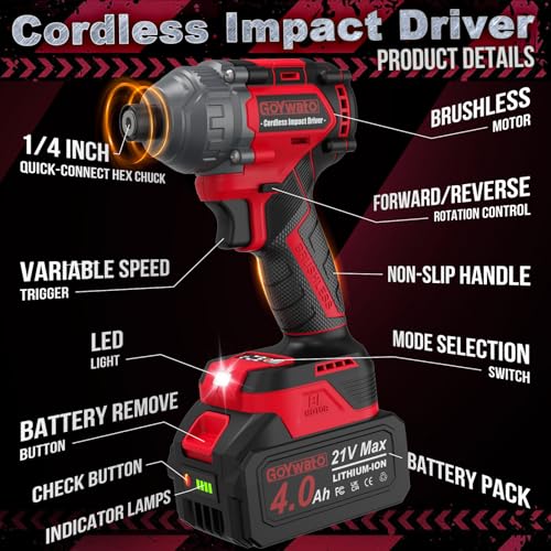 Cordless Impact Driver 2655In-lbs(300N·m) - 21V 1/4" Hex Chuck Brushless Impact Driver With 2 x 4.0Ah Batteries & Charger & 14 x Sockets Set & 10 x Screwdriver Bits for Home Projects & DIY Red - Image 4