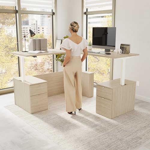 Image of Bush Business Furniture 72-inch Height Adjustable L Shaped Standing Desk with Drawers, Ergonomic Sit-Stand Computer Table for Office, Stratus Collection, Natural Elm with White Base