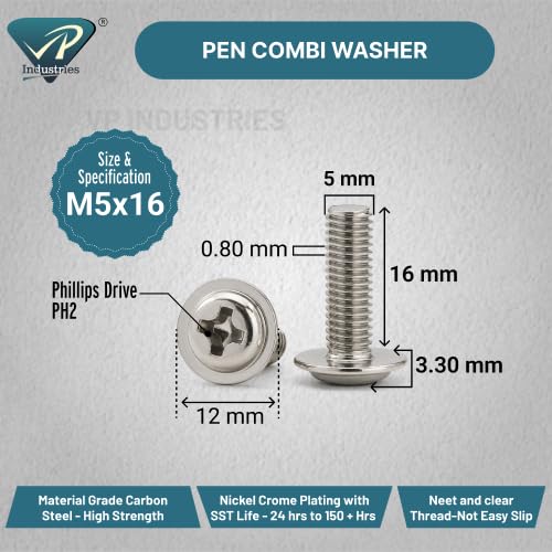 Image of By inchVP INDUSTRIES inch (Pcs-25) M5x16 mm Pan Head Combination Washer Screws, Durable Steel Fasteners with Built-In Washer, Phillips Drive Screws for Sheet Metal, Machinery & DIY Projects