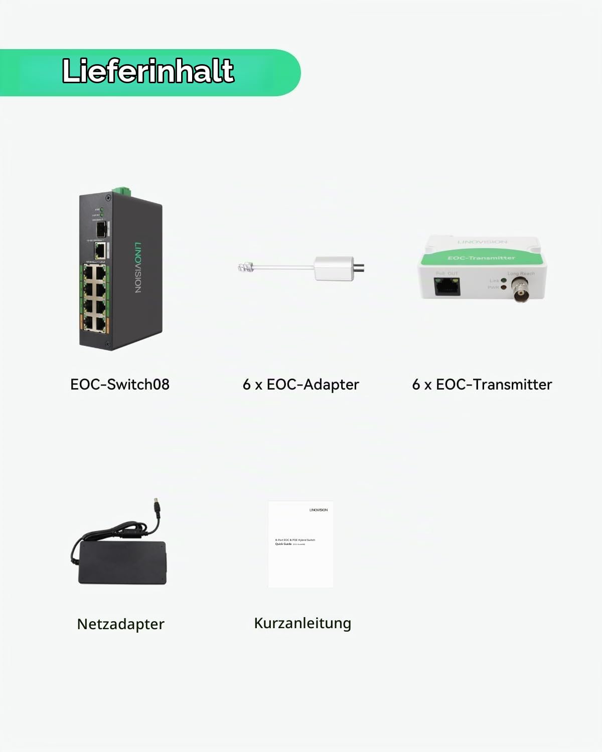 LINOVISION Industrial 8-Port EOC & POE Switch mit 6 EOC-Sendern, PoE mit großer Reichweite über Koaxial- oder UTP-Kabel, vereinfachte Verkabelung, Upgrade des analogen Systems auf IP-System