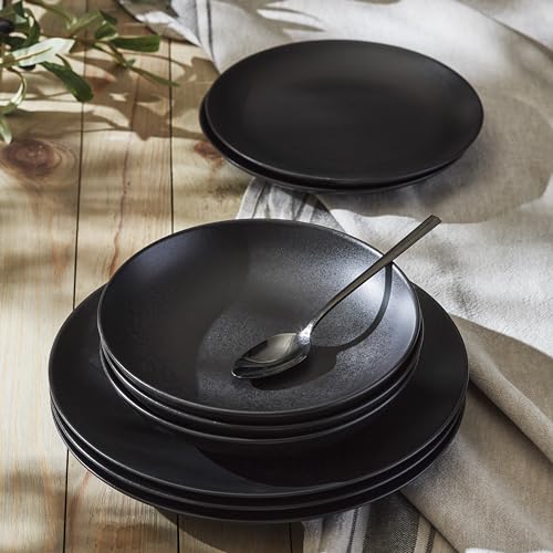 Image of Porto by Stone Lain Semplice 12-Piece Premium Kitchen & Dining Dinnerware Set Stoneware, Black Matte, Crafted in Portugal, Dishwasher and Microwave Safe Scratch-Resistant Dish Set for 4