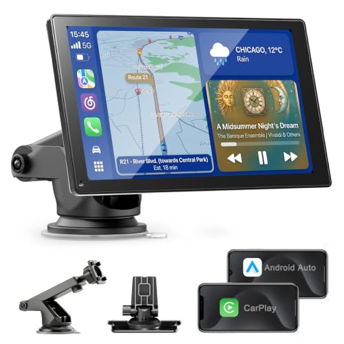 Moobsnry CarPlay Voiture Portable Autoradio CarPlay Android Auto sans Fil,Autoradio 9'' Tactile HD avec Navigation GPS,Contrôle Vocal,Bluetooth Mains Libres,Mirror Link,Transmetteur FM, AUX,AirPlay