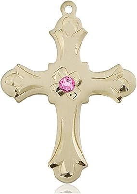 14kt Yellow Gold Cross Medal with 3mm October Rose Crystal 1 1/4 x 7/8 inches