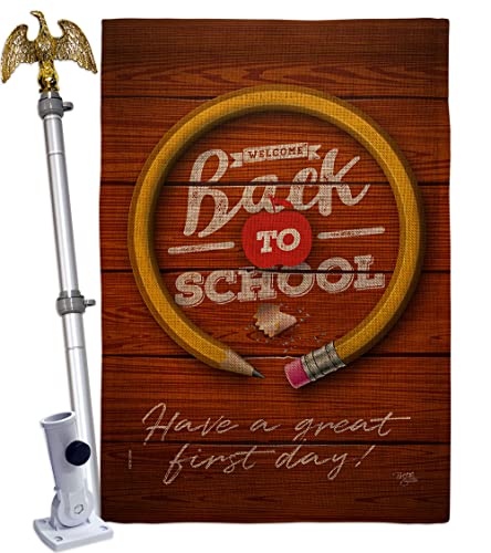Breeze Decor First Day of School Burlap House Flag Eagle Set Education Back to Bus Supplies Teacher Students Class Decoration Banner Small Garden Yard Gift Double-Sided, Made in USA