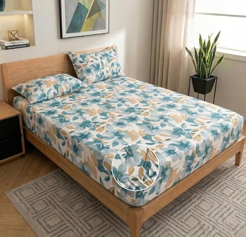 Image of VAS COLLECTIONS Cloud Cotton Corner Elastic Fitted Double Bedsheet Set (78 x 72 + 8 Inches) with 2 Pillow Covers | 160-180 TC Soft Breathable Cotton Fitted Sheet | Bed Sheet (Blue Petal Garden)