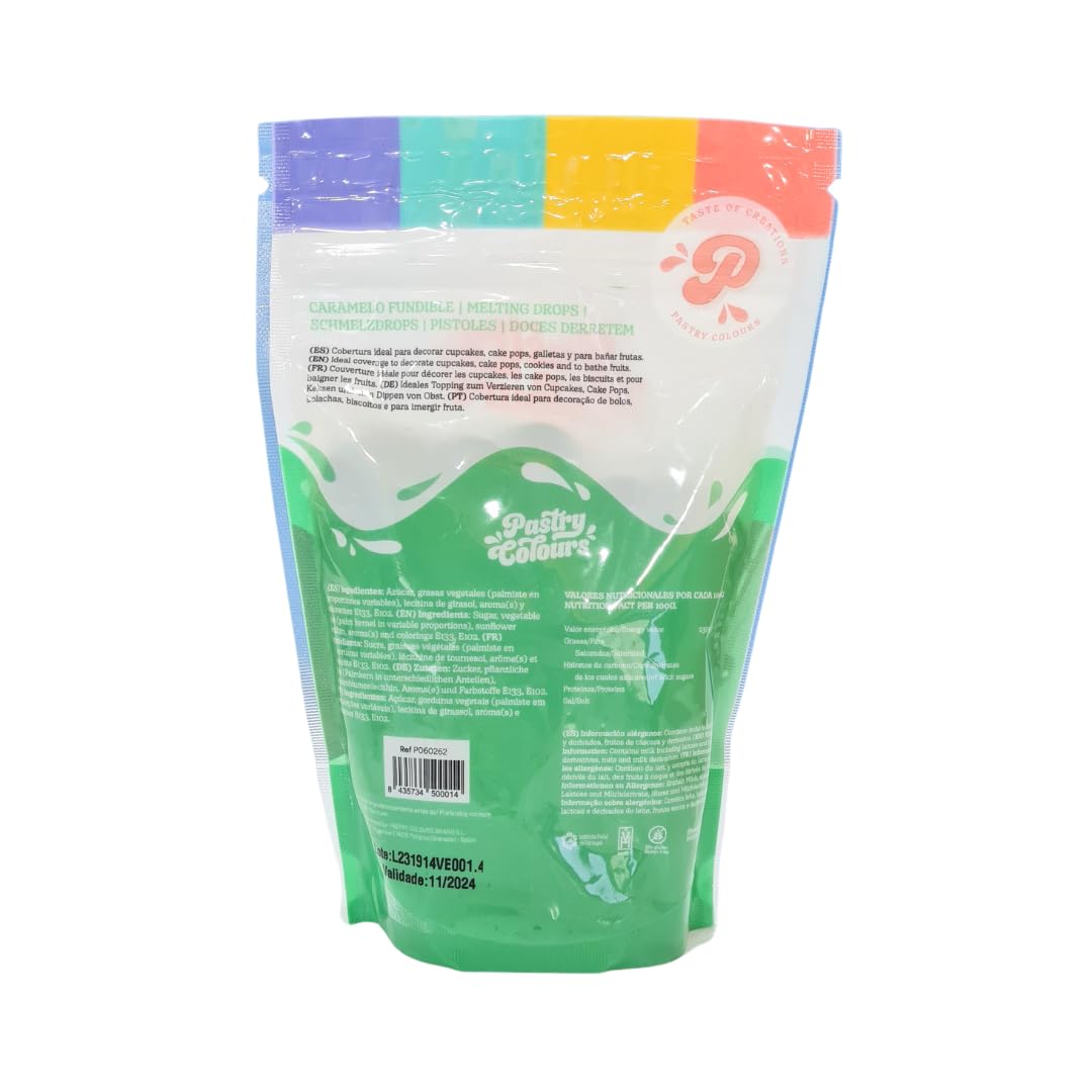 PASTRY COLOURS - Melts Verdes - Melts de Colores - Chocolate para Fundir - Cobertura para Pasteles - Bolsa de 250g (Verde)