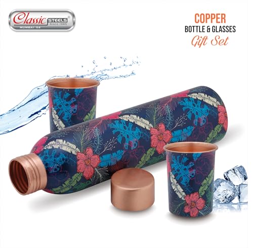 Image of Classic Steels Elegant Ethnic Green Copper Water Bottle Set with 2 Glasses - 1L Capacity | Best Gift For Diwali, Wedding Anniversary And All Other Occasions. (Blue Floral Copper Bottle Set)