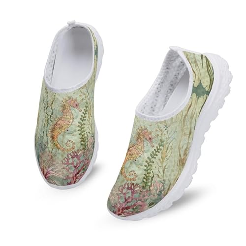Kuiaobaty Vintage Sea Creature Women's Running Trainers Retro Paint Fishes Slip-on Breathable Mesh Sneakers, Sea Horse Print Loafer Shoes for Work
