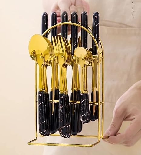 Image of Artek Stainless Steel Spoons, Forks & Knives Set of 24 with Stand and Ceramic Handle Golden Cutlery Set (Black)