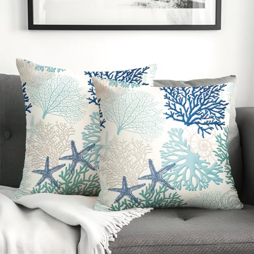 Cryfox Beach Coral Pillow Covers 18x18 Set of 2 Summer Coastal Throw Pillow Cases Standard Size Blue Ocean Pillowcases Seashell Starfish Beach Cushion Covers Linen Pillow Protector for Couch Bed Sofa