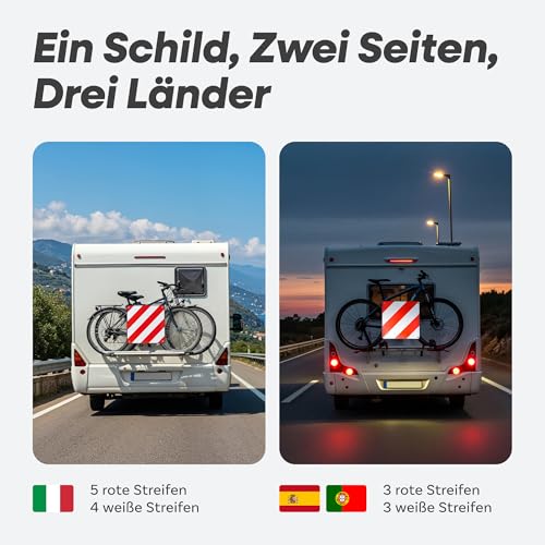 Prowiste Warntafel Fahrradträger – Für Italien, Spanien & Portugal – ECE R70 geprüft – Robustes Aluminium – Einfache Montage mit Spanngurten & Tasche – Warnschild & Warntafel für Italien Fahrradträger