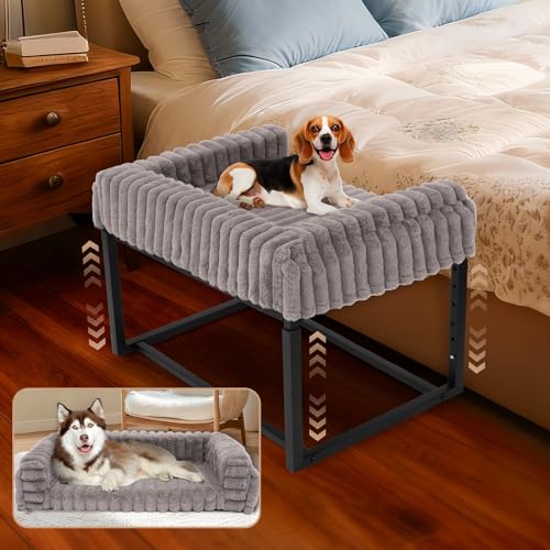 Beside Dog Bed Adjustable Height Dog Bunk Beds 27.5x 18Metal Dogs Bed Frame with Washable Removable Corduroy Cover Memory Foam Pet Bed with Sides for Small and Medium Dogs