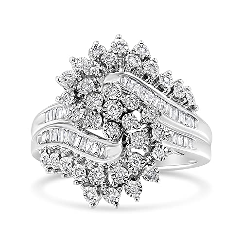 10K White Gold 1/2 Cttw Round and Baguette-Cut "S" Shaped Bypass Cocktail Ring (I-J Color, I1-I2 Clarity) - Size 6