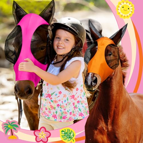 Image of Frienda 4 Pcs Horse Fly Masks with Ears UV Protection Elastic Horse Mask Breathable Comfortable Fly Mask for Adult Horses, Protect from Summer Insect(Large,Rose Red, Royal Blue, Orange, Light Pink)