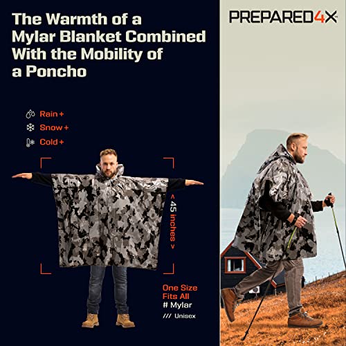 Image of PREPARED4X Emergency Mylar Poncho - Survival Rain Poncho with Hood - Lightweight, Compact, Reusable Emergency Blanket Poncho for Hiking, Camping, Thermal Gear, Car Kit, Outdoors