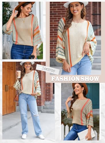 Image of Dokotoo Womens 2026 Spring Summer Casual Crewneck 3 /4 Sleeve Striped Lightweight Knit Trendy Boho Tops Pullover Sweaters