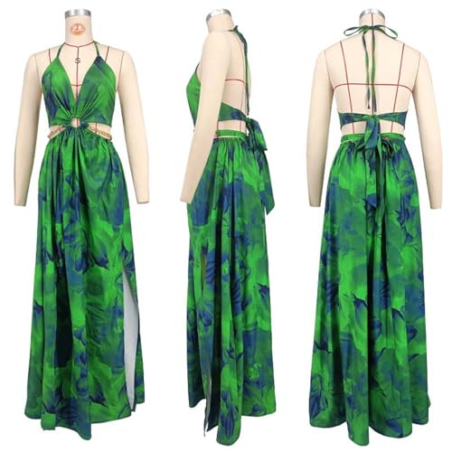 Image of Qikaka Women's Sleeveless Deep V Neck Floral Printed Metal Chain Bodycon Sexy Nightclub Party Boho Dress