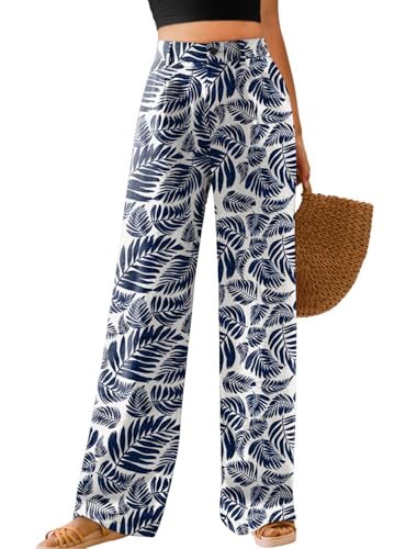 Image of Feiersi Womens Casual Wide Leg Pants High Waisted Button Down Straight Long Trousers Palazzo Pants