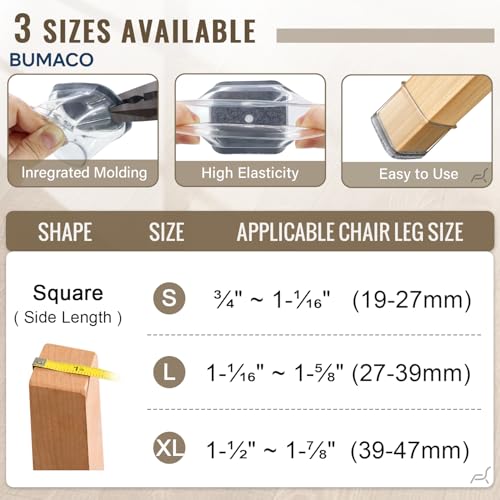 Image of BUMACO Chair Leg Floor Protectors Square Chair Leg Protectors for Hardwood Floors Silicone Pads Covers to Protect Floors(Clear-40 Pcs, Square XL (1.6 inch-2.2 inch)