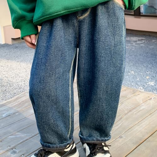 Kids Boys Bear Jeans Fleece Lined Denim Pants, Thick Winter One-Piece Warm Long Jeans for Streetwear3
