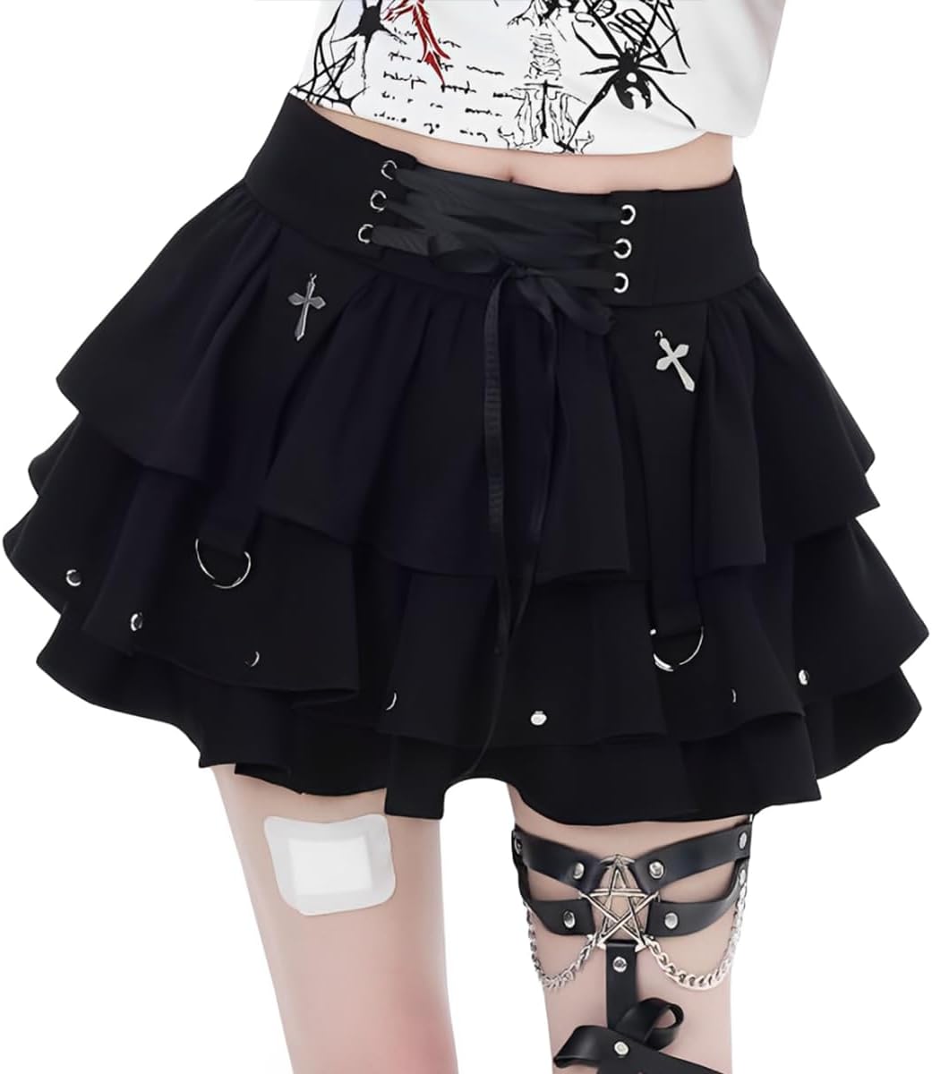 Gothic Casual High Waisted Mini Skirts for Women Harajuku Vintage Streetwear Belt Drawstring Y2K Skirt