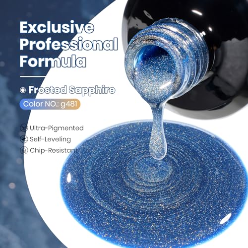 Image of Beetles Blue Cat Eye Gel Nail Polish - Frosted Sapphire Cat Eye Gel Polish, 15ML Gold Powder Blue Glitter Gel Polish Magnetic Shimmer Effect Soak Off UV Nail Art Design Manicure Gifts for Women