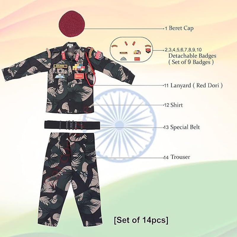 Image of Army Dress for Kids | Indian Military Soldier Fancy Dress Costume | Polyester Fabric | Army Uniform for Boys & Girls | School Fancy Dress, Role Play, Independence Day & Republic Day