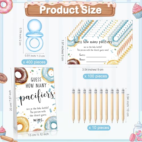 Image of Roowest 512 Pcs Baby Shower Games Guess How Many Pacifiers Sign 100 Small Guessing Games 10 HB Pencils 750ml Milk Bottle 400 Acrylic Pacifiers Decoration for Guest Gender Reveal (Blue,Donut)