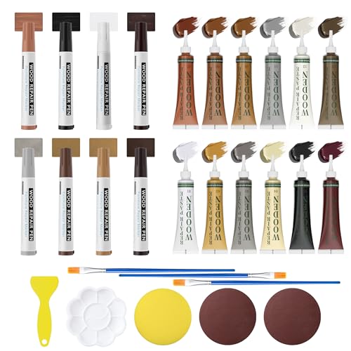 YCNNU Wood Furniture Repair Kit- 12 Colors Wood Fillers and 8 Colors Furniture Touch Up Markers-Set of 28-Repair Hardwood/Laminate Scratches, Cracks, Holes for Door, Floor, Table, Cabinet