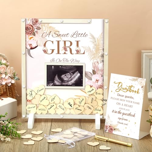 Image of Beeveer 65 Pcs Baby Shower Guest Book Alternatives Boho Flower Baby Shower Sign in Guest Book Decorations with Picture Frame and 60 Wooden Heart Chip Keepsake Gifts for New Parents