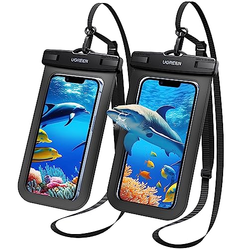 UGREEN 2 Pack Funda Impermeable para Celular, Bolsa para Celular contra Agua, Funda Waterproof para iPhone 14 13 12 11 Pro MAX, Galaxy S23 S22 Ultra, Xiaomi Redmi de hasta 7.2 Pulgadas, Negro