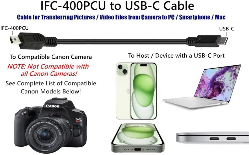 Miniatura 3 de Cable de interfaz de transferencia de datos USB C para Canon EOS Rebel T5i T6 T6i T7, Select Powershot, Vixia, para Nikon DSLR D610 D90 (ver lista