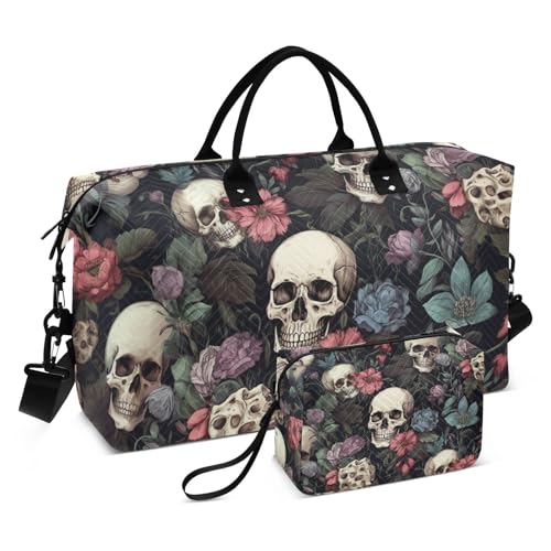 Skull Travel Duffle Bag Gym Bag, Skull Color Flower Weekender Bags for Women with Toiletry Bag Travel Tote Bag Swim Bag