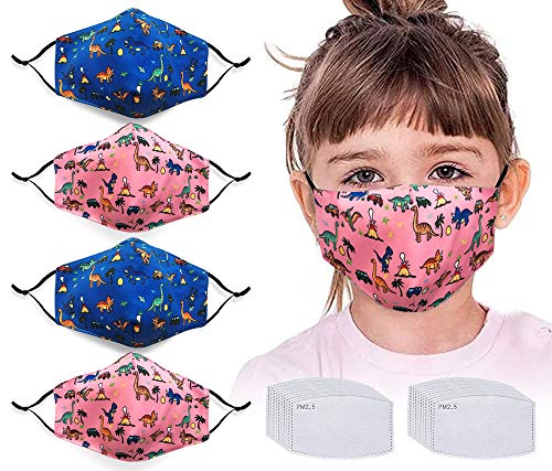 4pcs Face Protector with 20 Activated Carbon Filters Washable Reusable Cute Dinosaur Anti Air Dust Face Bandanas for Kids