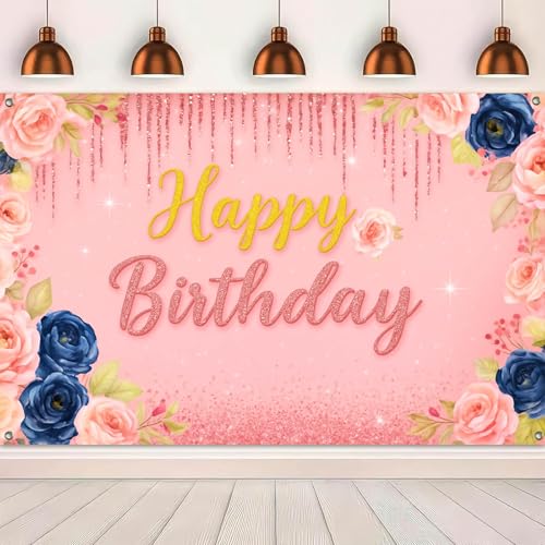 Image of HOMETITUTE Vintage Pink Floral Birthday Banner 71x43 Inch