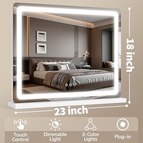 Image of FENNIO 23 inch x 18 inch Vanity Mirror with Lights, LED Makeup Mirror, Hollywood Mirror with 3 Color Modes & Adjustable Brightness, Vanity Mirror White