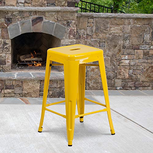 Flash Furniture Kai Commercial Grade 24" High Backless Yellow Metal Indoor-Outdoor Counter Height Stool with Square Seat