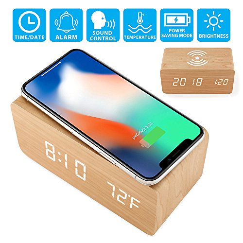 Oct17 Wooden Alarm Clock With Qi Wireless Charging Pad Compatible With Iphone Samsung Wood Led Digital Clock Sound Control Function, Time Date, Temperature Display For Bedroom Office Home - Wood #TOP1