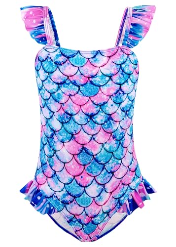 Image of DAXIANG Girls One Piece Ruffle Strap Swimsuit Quick Dry Mermaid Swimwear Beach Sport Bathing Suit for Toddler Kids 4-11 Years