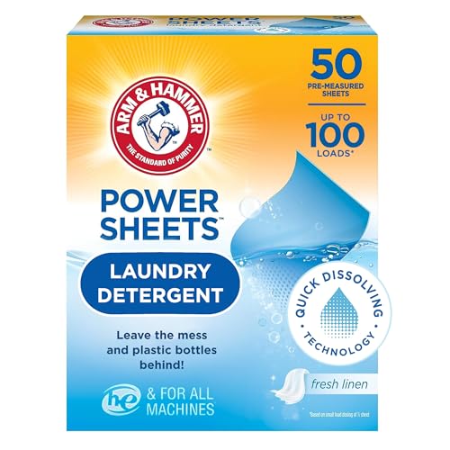 Arm & Hammer Power Sheets Laundry Detergent, Fresh Linen 50ct, up to 100 Small Loads