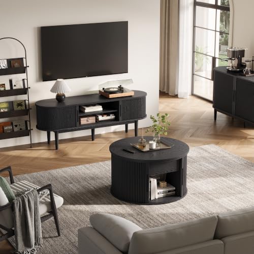 Image of LINSY Lift Top Coffee Table, Round Fluted Coffee Table with Storage, Mid Century Modern Wooden Coffee Tables with Sliding Tambour Door, 31.5 inch Center Table for Living Room, Office, Small Space, Walnut