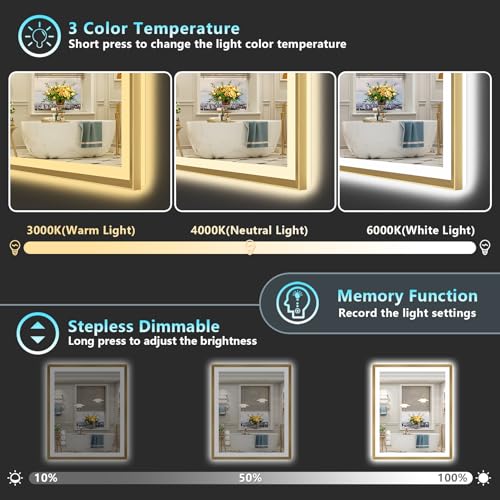 Image of 24x36 Gold Beveled LED Bathroom Mirror Backlit & Front Lit Anti-Fog | Brushed Gold Framed, Anti-Fog Lighted Vanity Mirror, Dimmable, 3-Color Light, Memory, CRI95, HD Tempered Glass, UL Listed