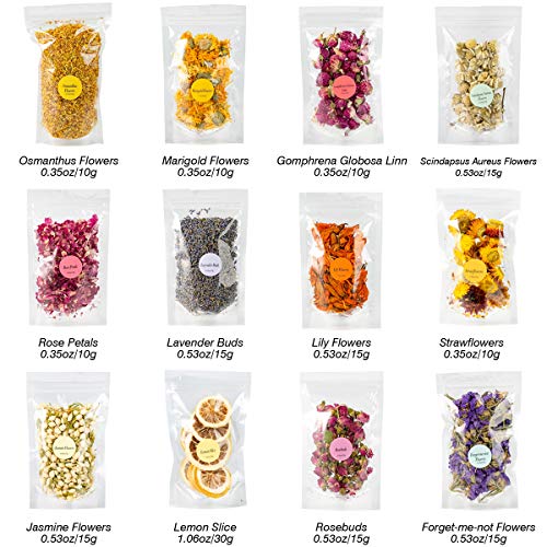 Dried Flowers, 12 Pack Natural Dried Flower Herbs Kit for Bath, Bomb, Soap, Resin, Candle Making, Include Rose Petals, Rosebuds, Lavender, Jasmine Flowers, Lily, Lemon Slice and More - Thumbnail 2